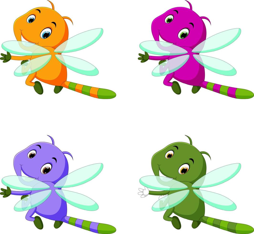 libellule avec différentes expressions faciales et différentes couleurs vecteur
