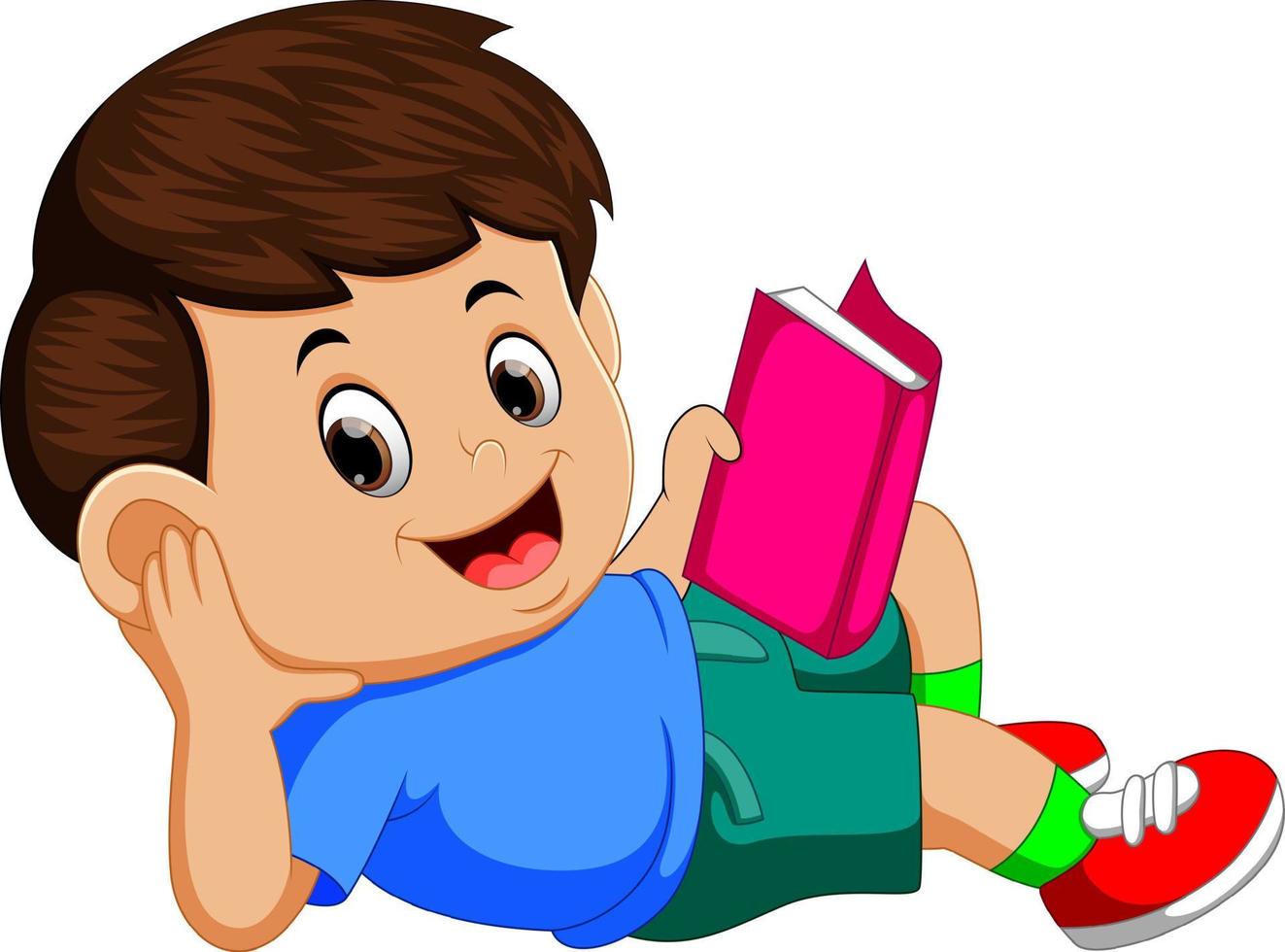 garçon lisant un livre avec plaisir vecteur