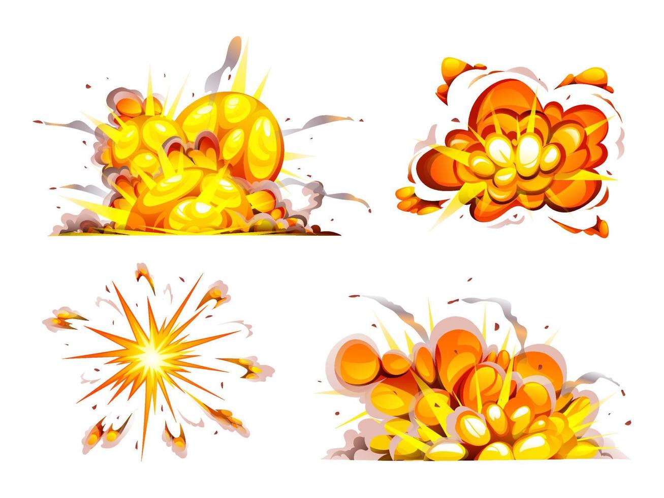 collection d'explosion de bombe avec illustration de dessin animé isolé de fumée, de flammes et de particules vecteur