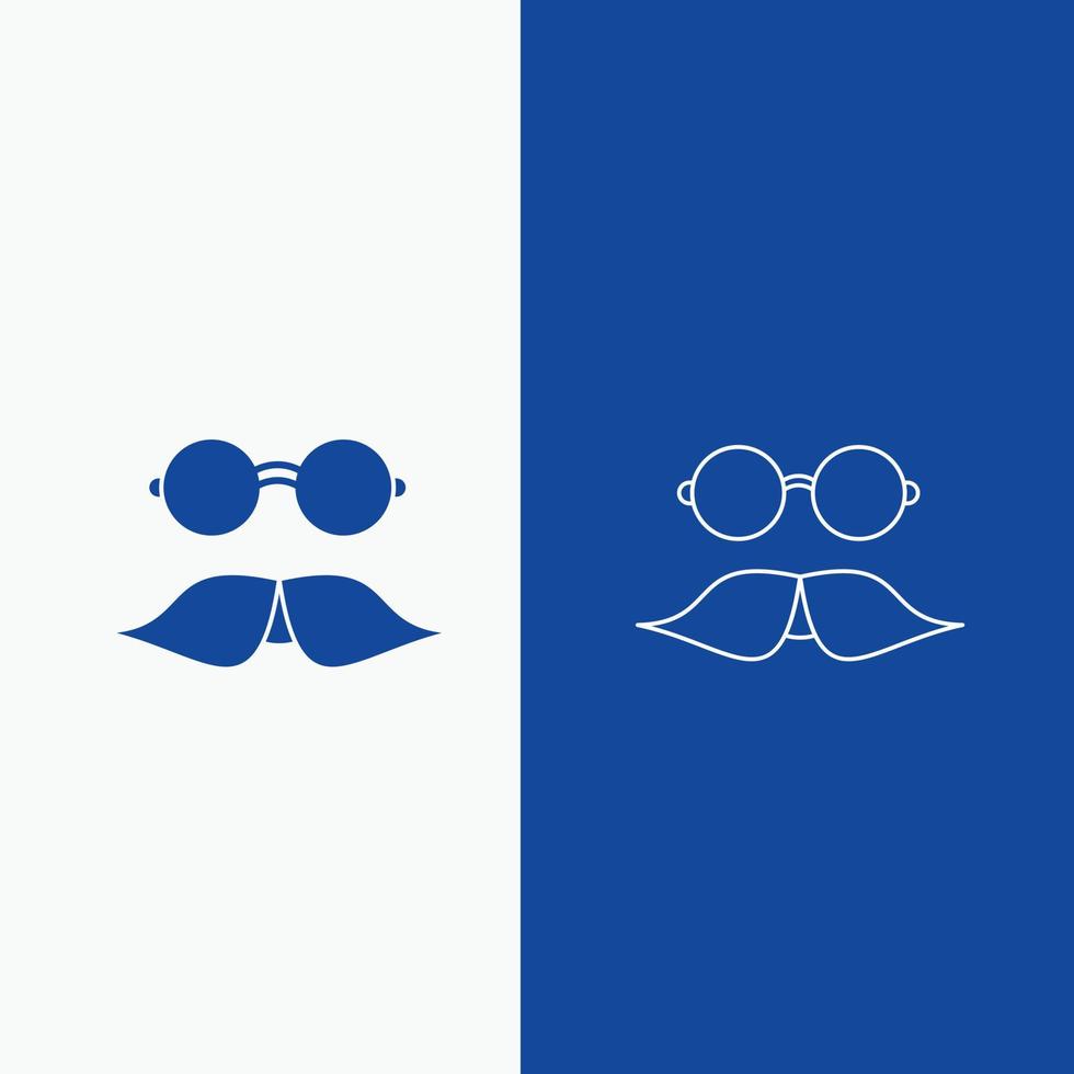 moustache. branché. movember. lunettes. ligne d'hommes et bouton web glyphe en bannière verticale de couleur bleue pour ui et ux. site web ou application mobile vecteur