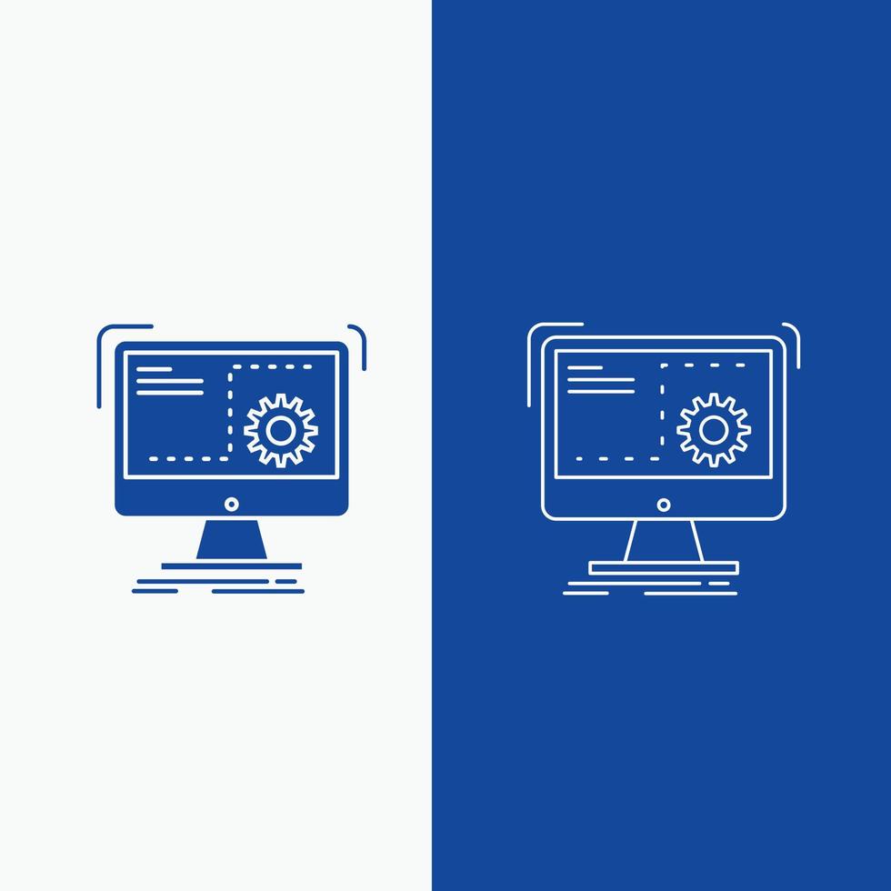 commande. l'ordinateur. fonction. traiter. ligne de progression et bouton web glyphe dans une bannière verticale de couleur bleue pour ui et ux. site web ou application mobile vecteur