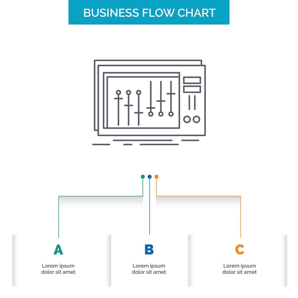 console. dj. mixer. musique. conception d'organigramme de studio en 3 étapes. icône de ligne pour le modèle d'arrière-plan de présentation place pour le texte vecteur