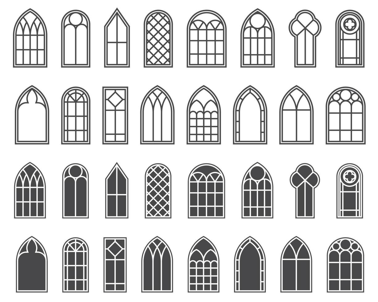 ensemble de vitraux d'église. silhouettes d'arcs gothiques en ligne et style classique de glyphe. anciens vitraux cathédrale. éléments intérieurs médiévaux. vecteur