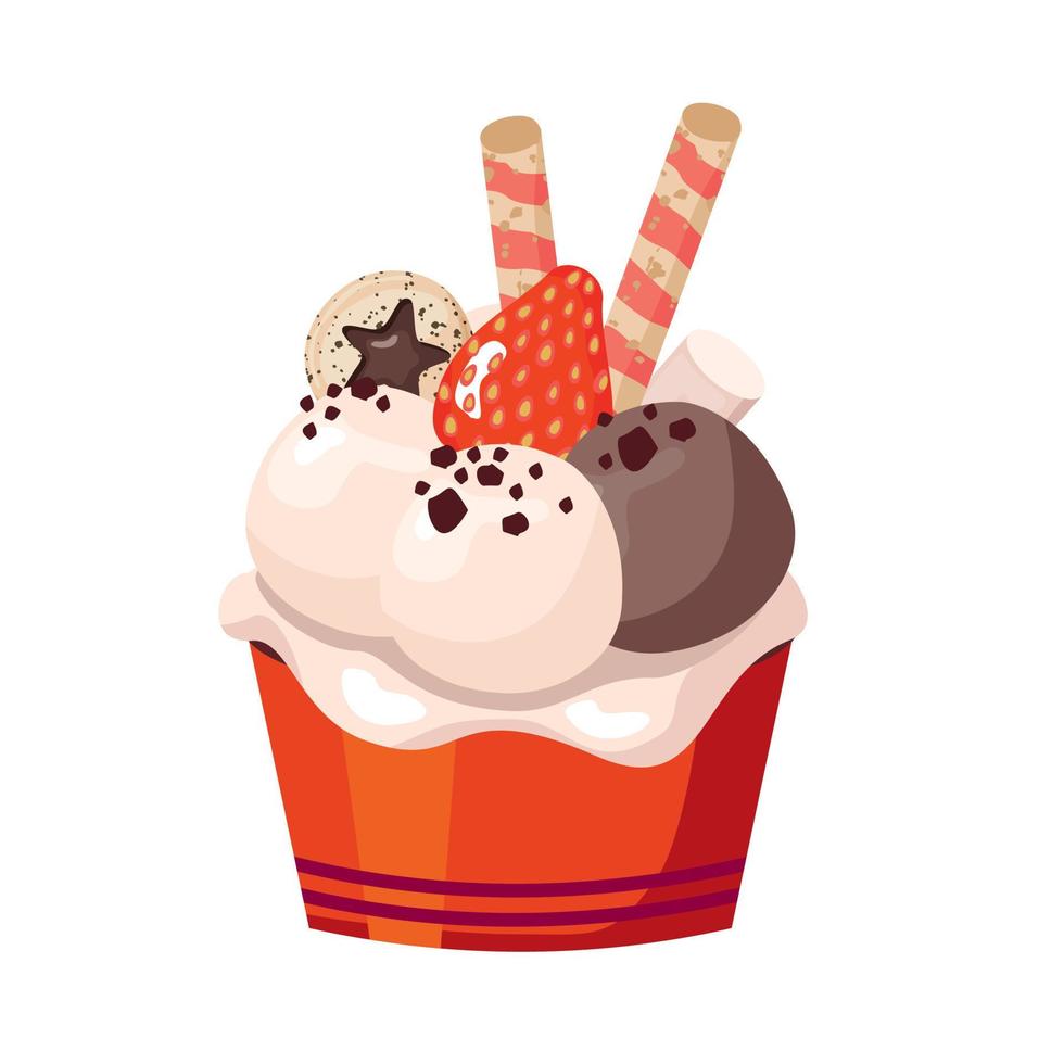 boules de crème glacée dans un bol avec des fraises et des gaufres. vecteur