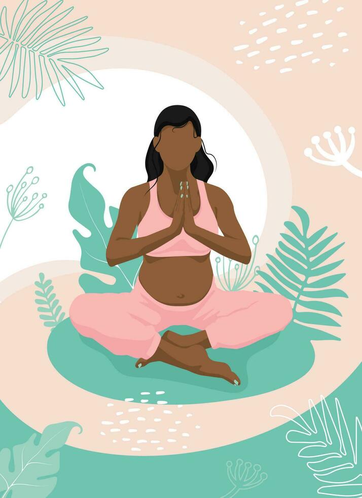 femme afro-américaine méditant enceinte. illustration vectorielle d'une jeune femme sans visage assise en position de lotus de yoga entourée de feuilles de plantes. concept d'harmonie et de paix. vecteur