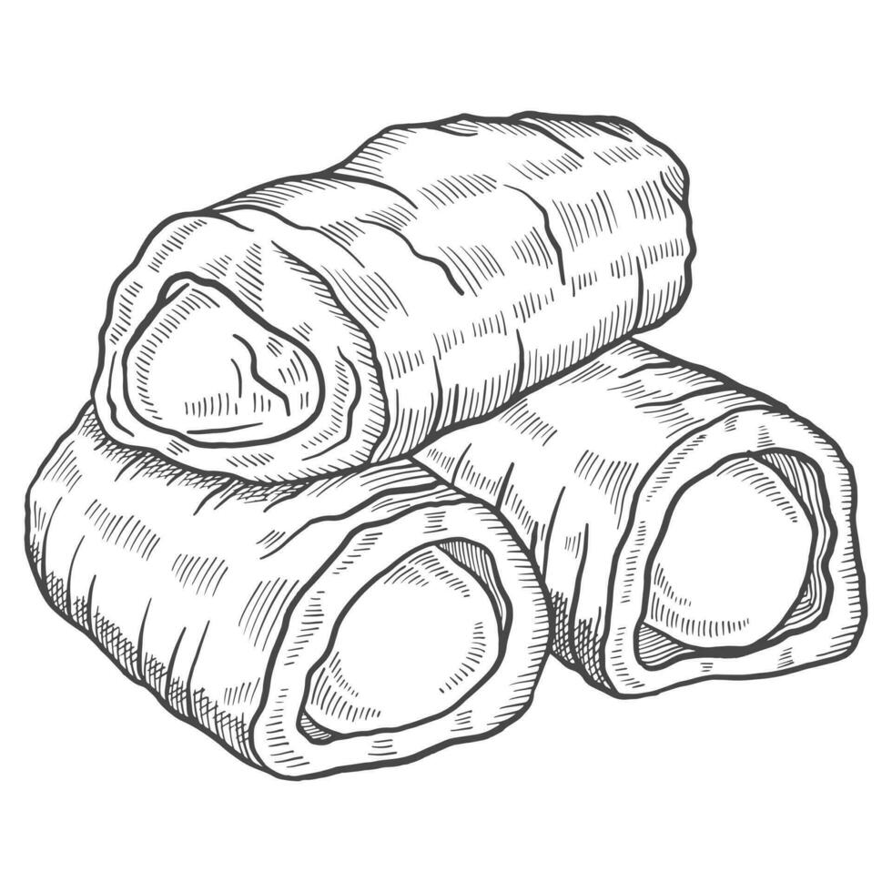 rouleau de saucisse britannique ou angleterre cuisine alimentaire doodle isolé croquis dessiné à la main avec style de contour vecteur