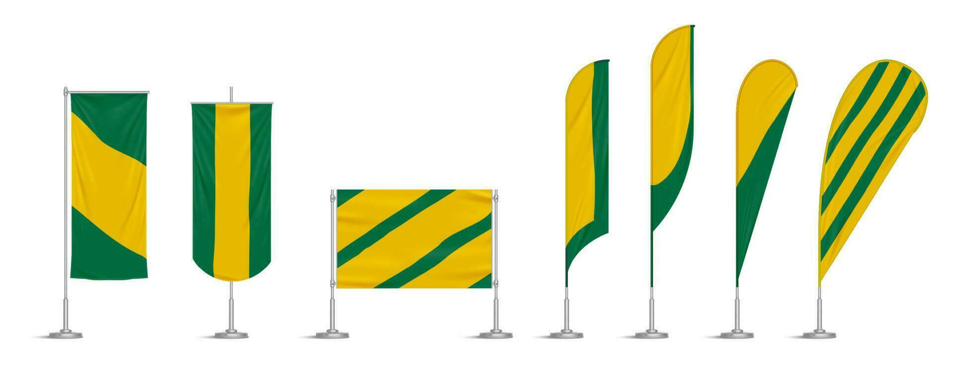 drapeaux et bannières en vinyle vert et jaune sur poteau vecteur