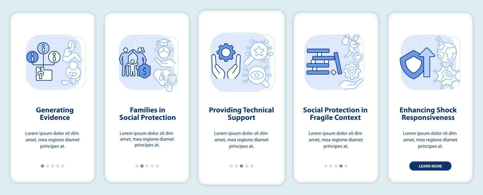 activités de protection sociale écran d'application mobile d'intégration bleu clair. pas à pas en 5 étapes pages d'instructions graphiques avec des concepts linéaires. ui, ux, modèle d'interface graphique. vecteur