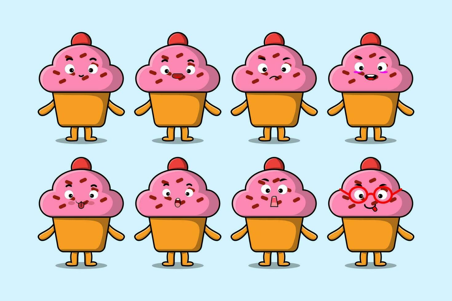Set kawaii cupcake cartoon avec des expressions vecteur