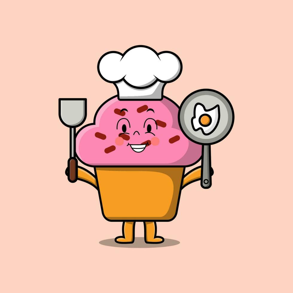 chef de cupcake dessin animé mignon tenant une casserole et une spatule vecteur