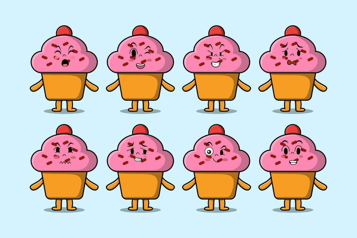 Set kawaii cupcake cartoon avec des expressions vecteur