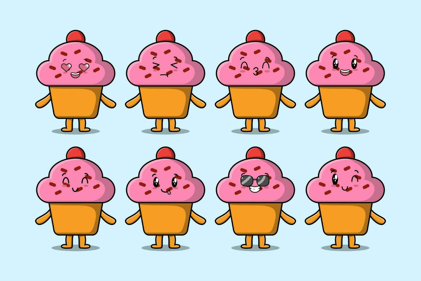 Set kawaii cupcake cartoon avec des expressions vecteur