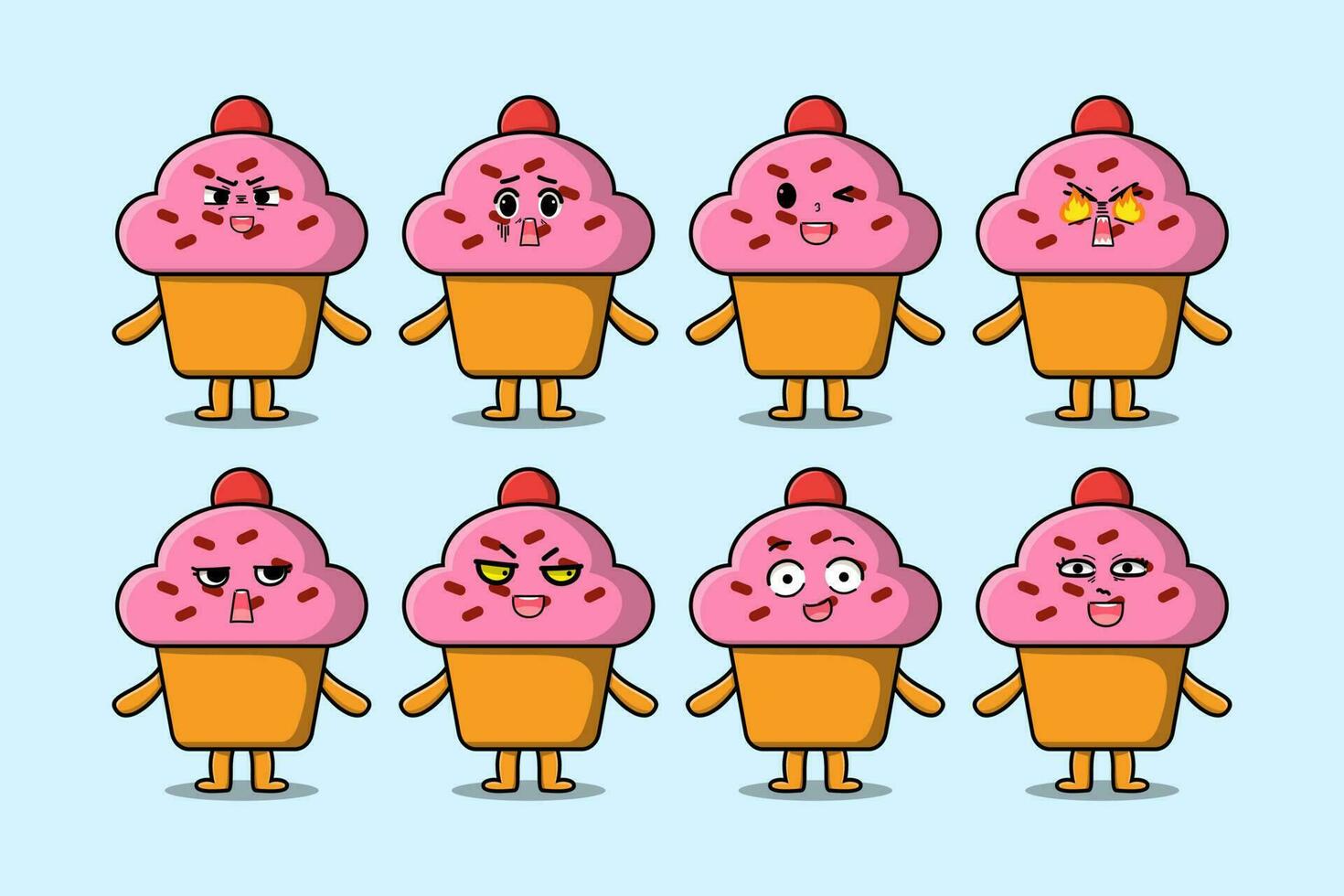 Set kawaii cupcake cartoon avec des expressions vecteur