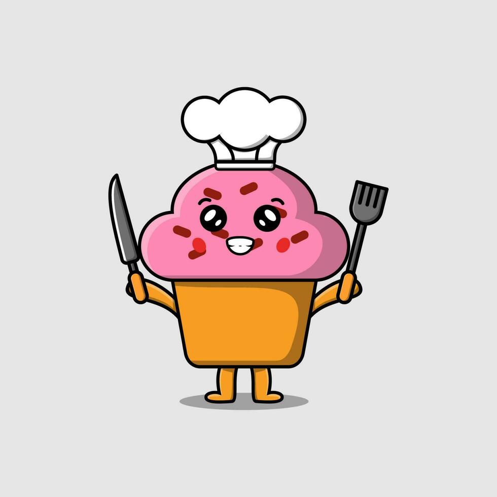 chef de cupcake dessin animé mignon tenant un couteau et une fourchette vecteur