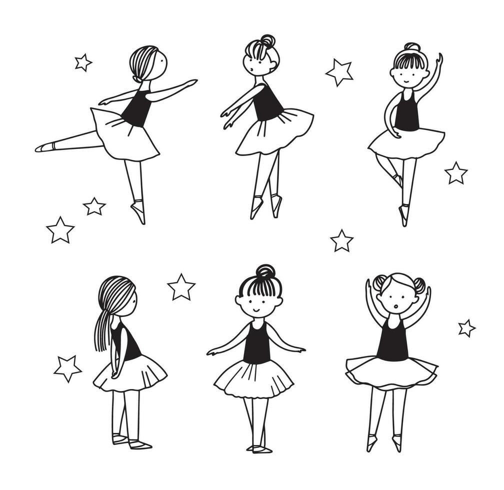 ensemble de mignons petits personnages de ballerines dansantes en jupes de ballet. illustration graphique vectorielle linéaire simple isolée sur blanc. idéal pour le design féminin, t-shirt vecteur