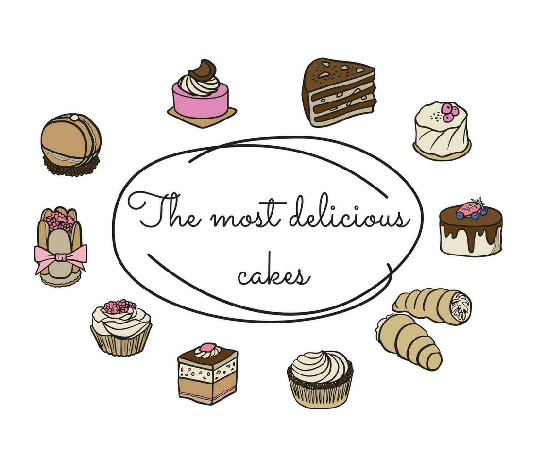 ensemble de gâteau de couche de crème de produits de boulangerie sucrés, tarte aux cerises, gâteau de tasse, biscuit aux noix. illustration vectorielle de doodle dessinés à la main. vecteur