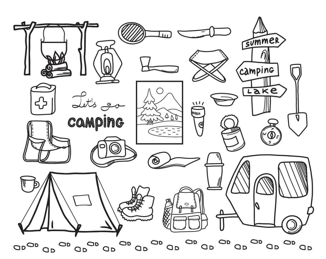 ensemble de symboles et d'icônes d'équipement de camping croquis dessinés à la main. éléments de doodle, illustration vectorielle. ensemble d'éléments extérieurs. vecteur