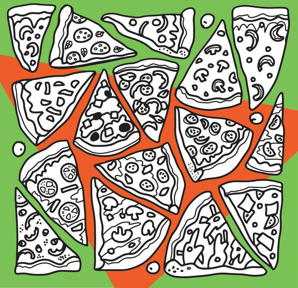 contour des tranches de pizza pizza sur fond vert et rouge. style de griffonnage simple vecteur