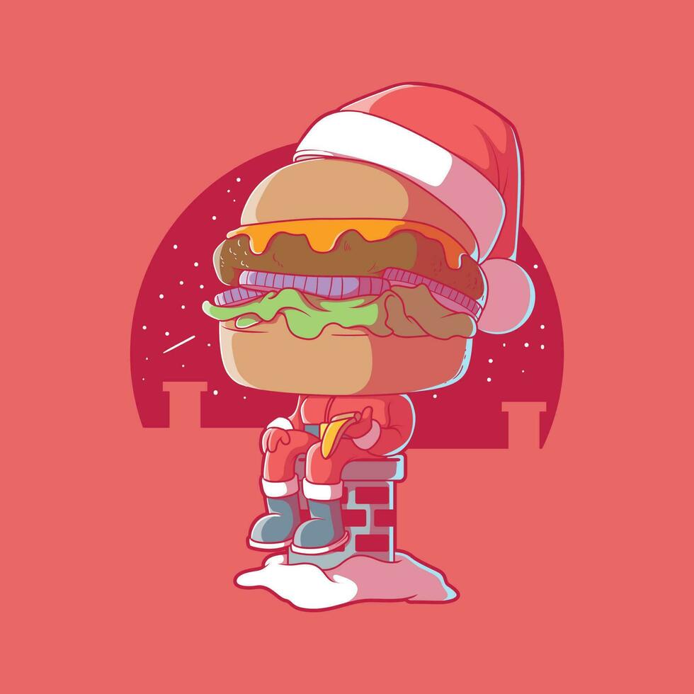 santa burger mangeant de la pizza sur une illustration vectorielle de cheminée. nourriture, drôle, concept de design de vacances. vecteur
