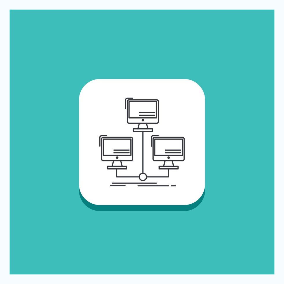 bouton rond pour la base de données. distribué. lien. réseau. icône de ligne informatique fond turquoise vecteur