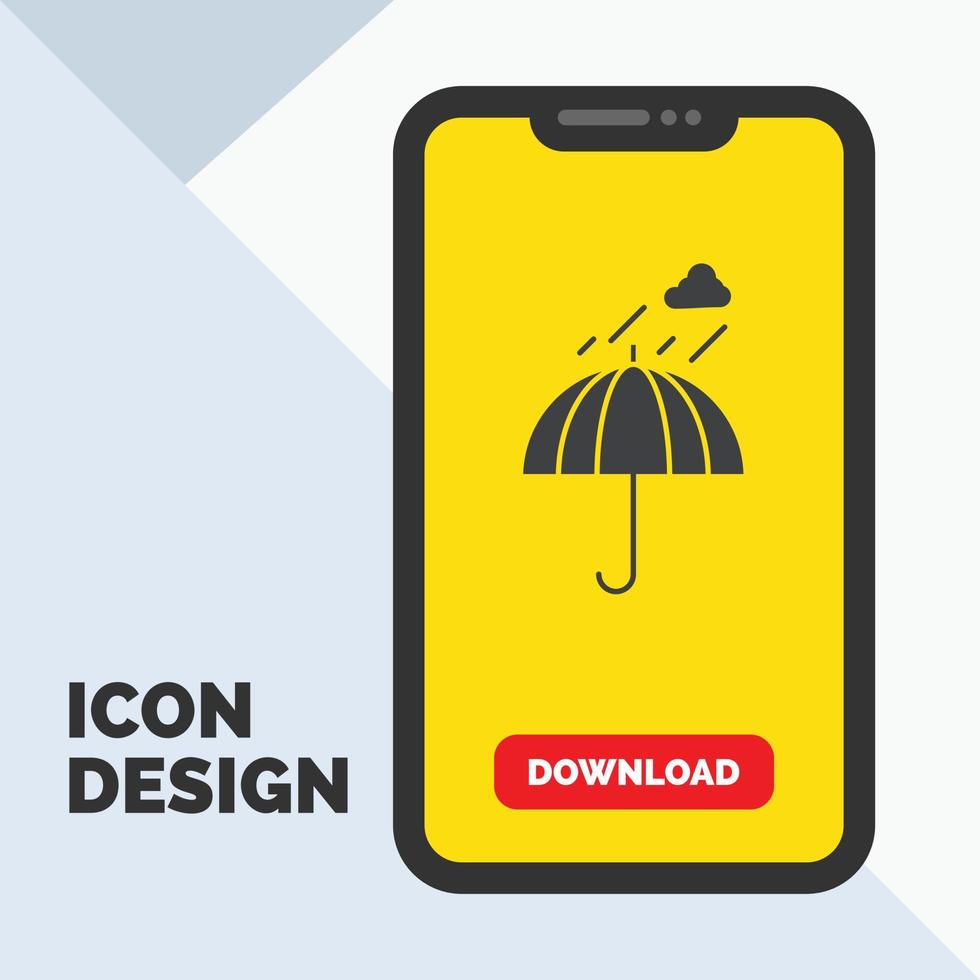 parapluie. camping. pluie. sécurité. icône de glyphe météo dans la page de téléchargement mobile. fond jaune vecteur
