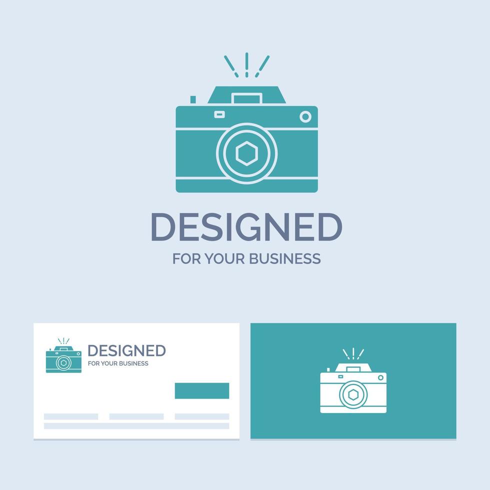 caméra. la photographie. Capturer. photo. symbole d'icône de glyphe de logo d'entreprise d'ouverture pour votre entreprise. cartes de visite turquoise avec modèle de logo de marque. vecteur