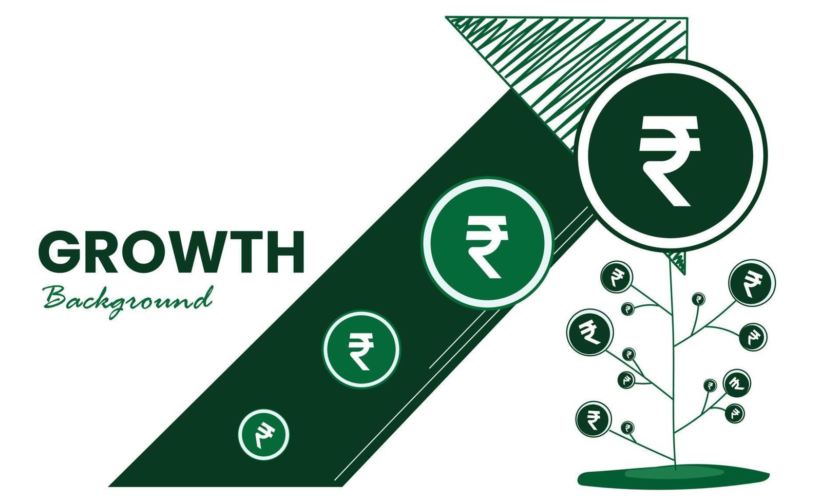 concept de croissance monétaire. roupie indienne poussant sur une plante avec une flèche de croissance. illustration vectorielle des bénéfices en espèces de l'investissement et de l'analyse de l'argent. placements financiers. vecteur