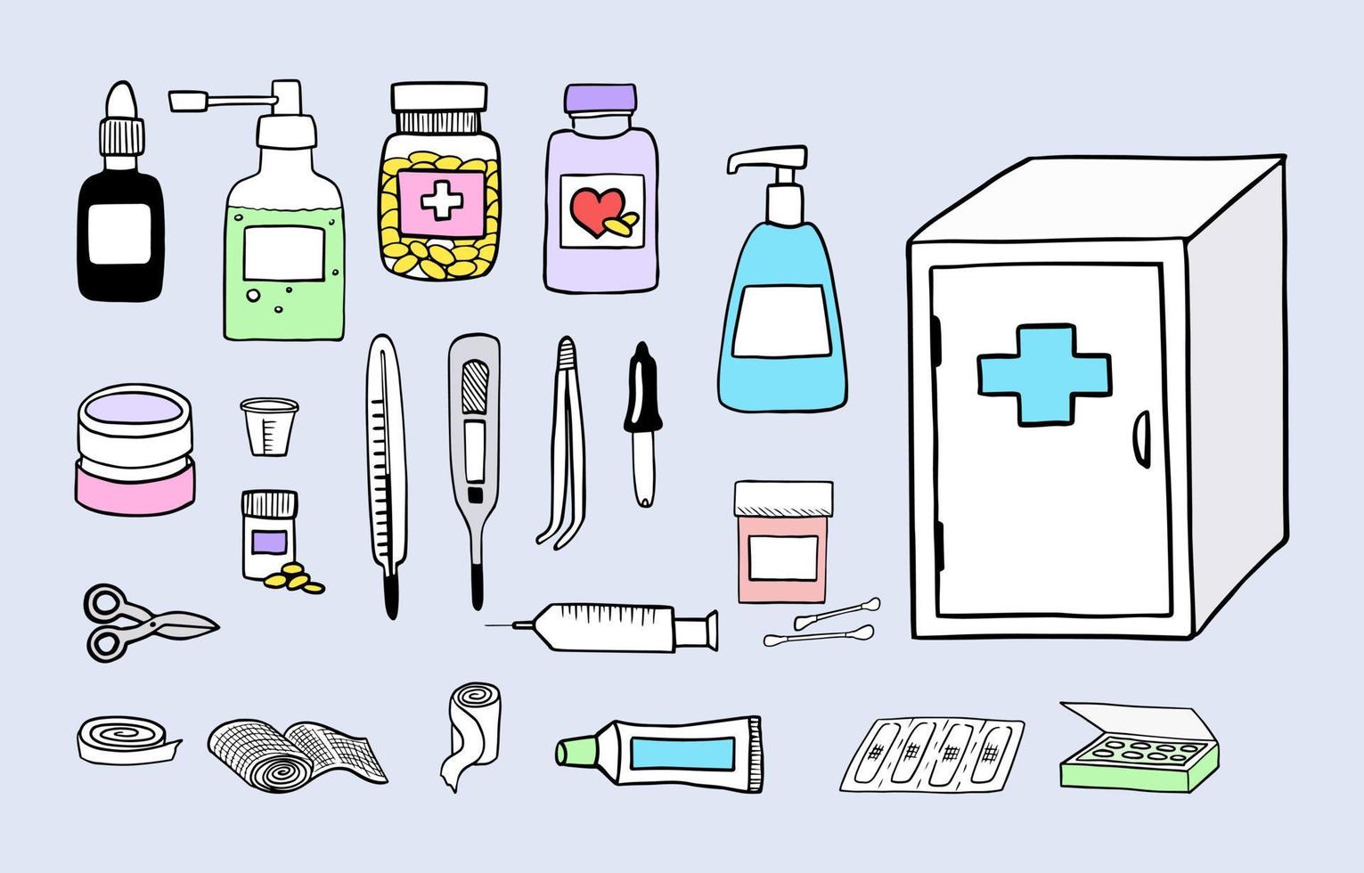 soins de santé et médecine éléments dessinés à la main. ensemble d'éléments de premiers secours avec pharmacie. illustration vectorielle de style doodle vecteur