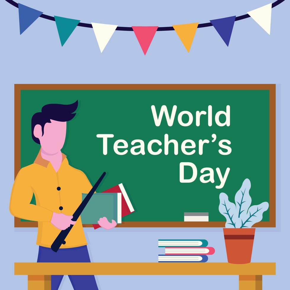 illustration graphique vectoriel d'un enseignant tenant un bâton et un livre, montrant un livre et une plante en pot sur la table, parfait pour la journée internationale, la journée mondiale des enseignants, célébrer, carte de voeux, etc.