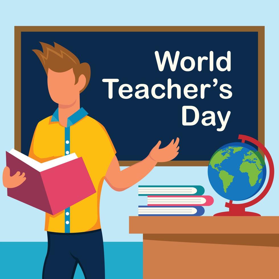 illustration graphique vectoriel d'un enseignant enseigne tout en tenant un livre, en affichant un livre et un globe sur la table, parfait pour la journée internationale, la journée mondiale des enseignants, célébrer, carte de voeux, etc.
