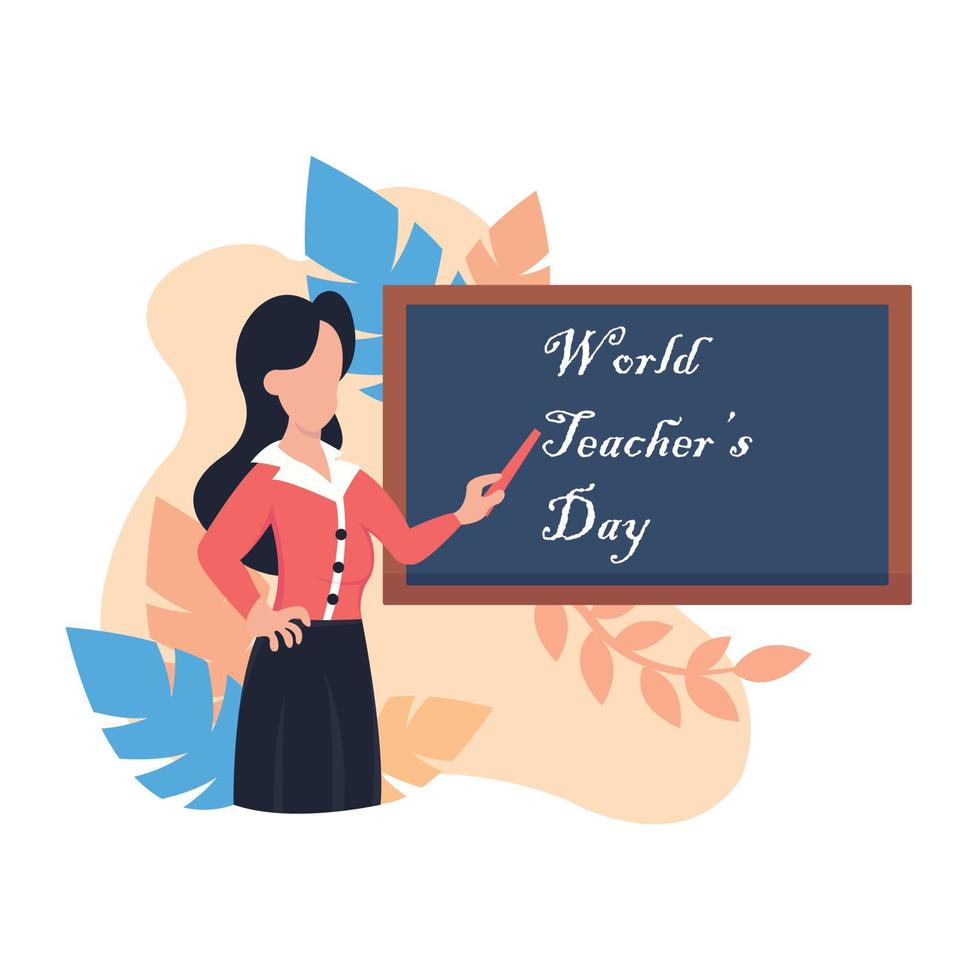 illustration graphique vectoriel d'une enseignante tenant un bâton devant le tableau noir, montrant un congé, parfait pour la journée internationale, la journée mondiale des enseignants, célébrer, carte de voeux, etc.