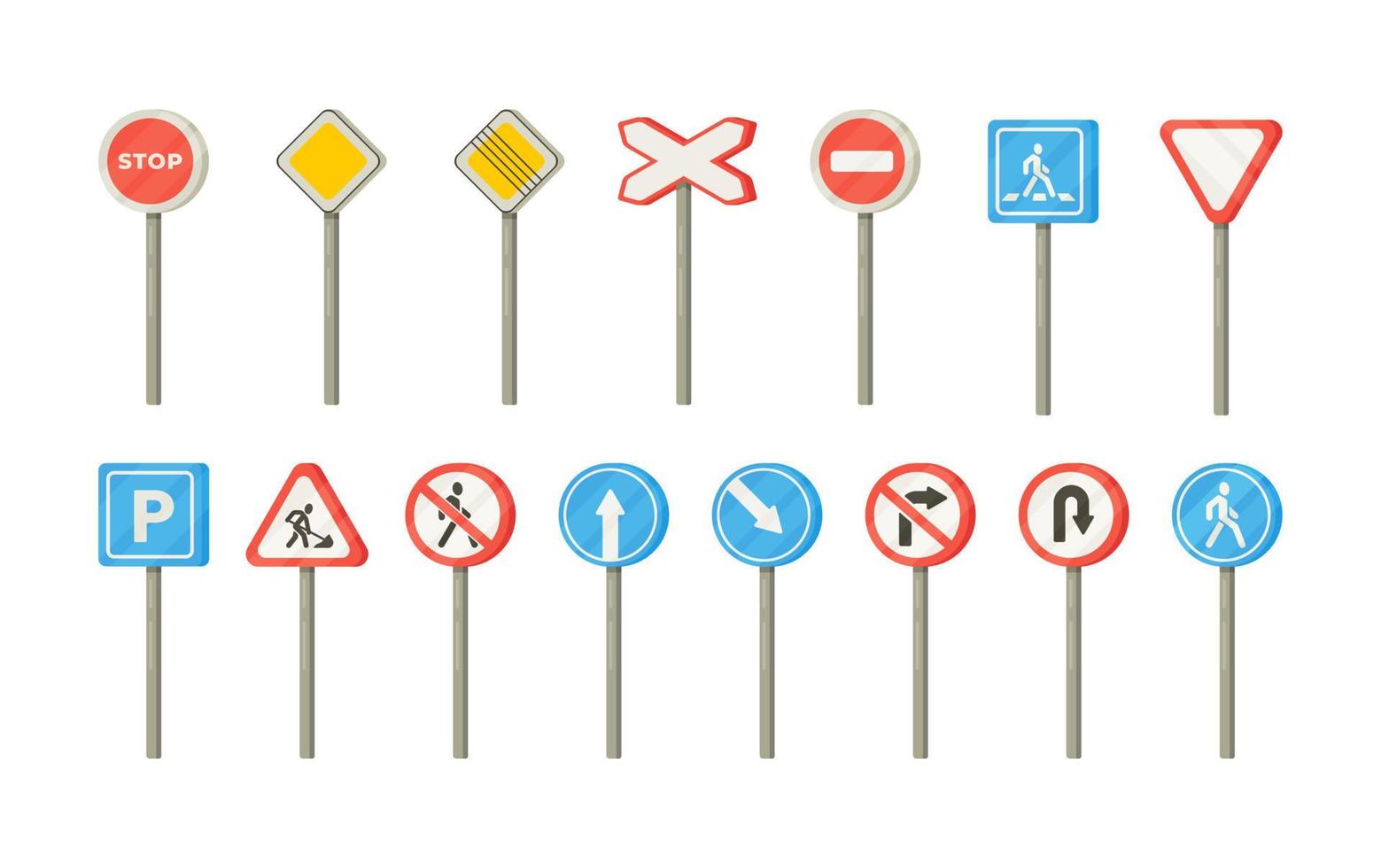 illustration de divers panneaux de signalisation isolés sur fond blanc. ensemble de panneaux routiers, design plat, sécurité routière vecteur