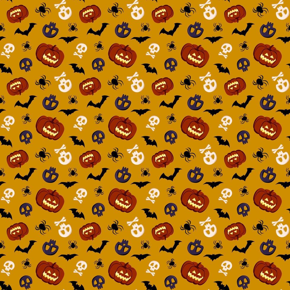 motif transparent sombre et lumineux avec des citrouilles, des crânes, des chauves-souris et des araignées. décoration d'automne festive pour halloween. fond de vacances d'octobre pour l'impression papier, le textile et le design. illustration vectorielle plate vecteur