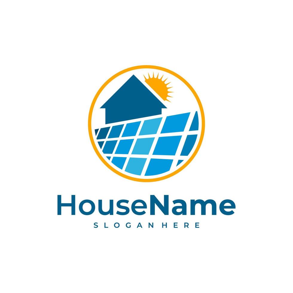 modèle d'icône de logo de maison d'énergie solaire. panneau solaire sur le toit avec signe maison et soleil. emblème de la société d'énergie alternative. symbole d'entreprise d'électricité renouvelable. illustration vectorielle. vecteur