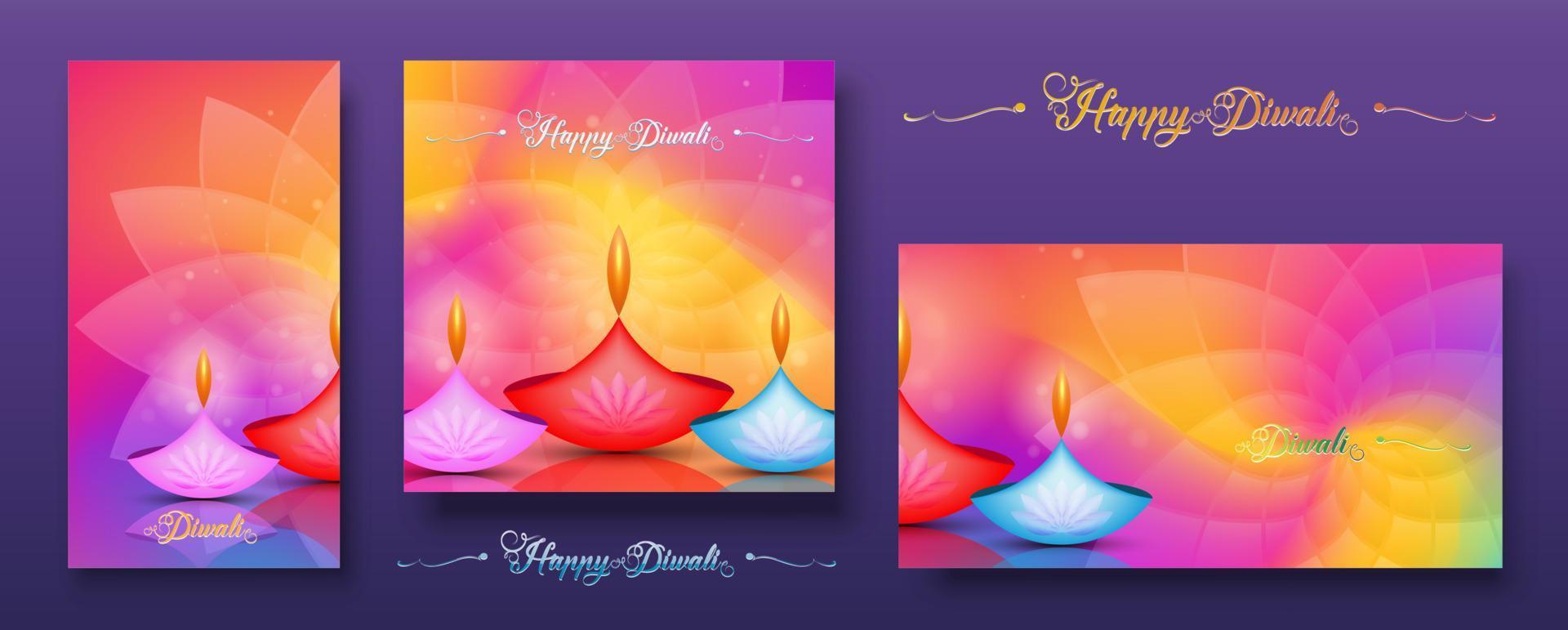 définir une carte colorée, joyeux festival de diwali des lumières célébration de l'inde. conception de bannière graphique de lampes à huile indiennes lotus diya, design moderne aux couleurs vives. style d'art vectoriel, fond de couleur dégradé vecteur