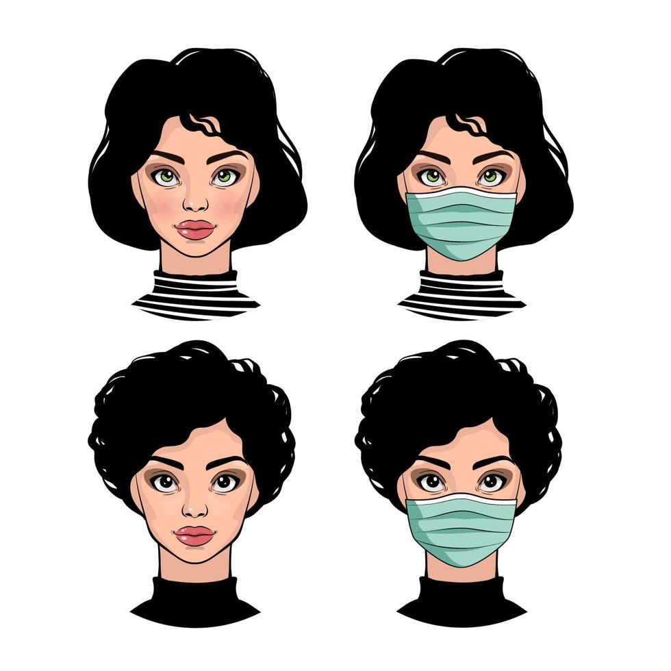 filles portant des masques médicaux de protection vecteur