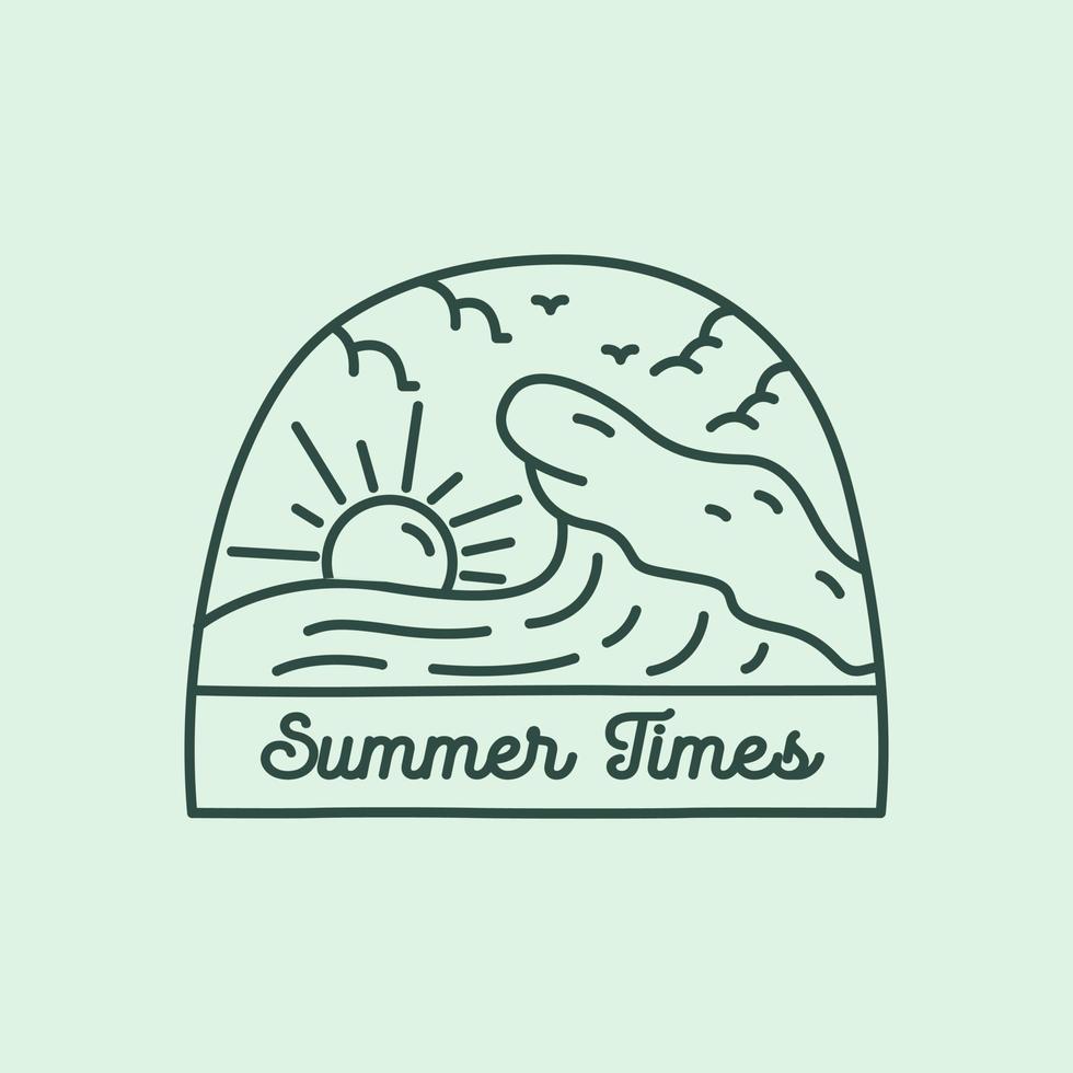 concevoir une ligne mono de l'heure d'été la vague et le coucher du soleil pour le badge, l'autocollant, le patch, la conception de t-shirt, etc. vecteur
