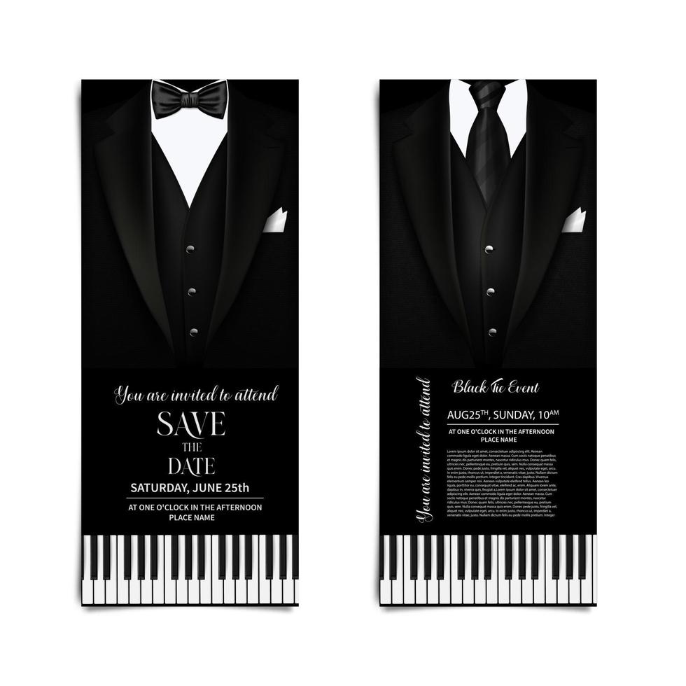 invitation, flyer pour un concert avec une inscription en noir et blanc. illustration avec costume masculin vintage avec cravate et touches de piano. vecteur