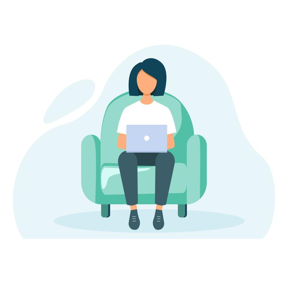 jeune femme indépendante travaillant avec un ordinateur portable à la maison. concept de bureau, fille assise sur une chaise. illustration vectorielle mignonne dans un style plat vecteur