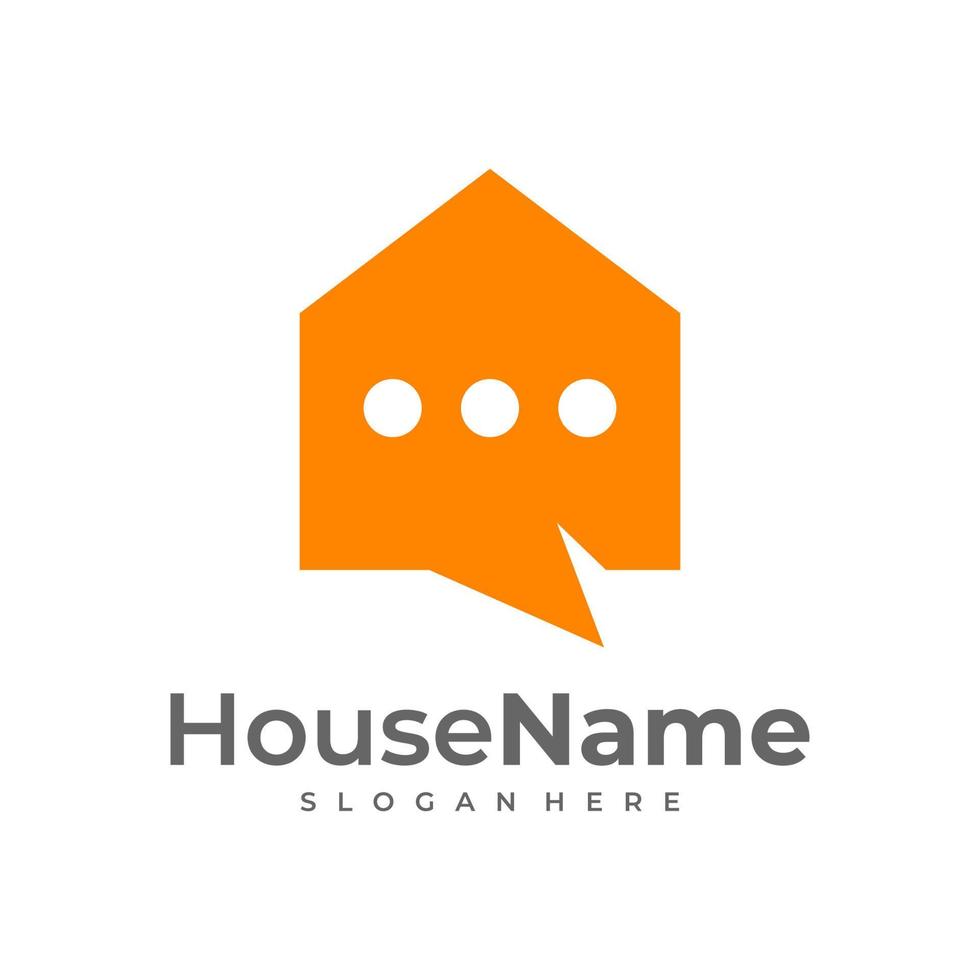 logo home and talk - maison avec cheminée et symbole de chat ou de message. agence immobilière et immobilière, icône de vecteur de discussion, de conversation et de communication.