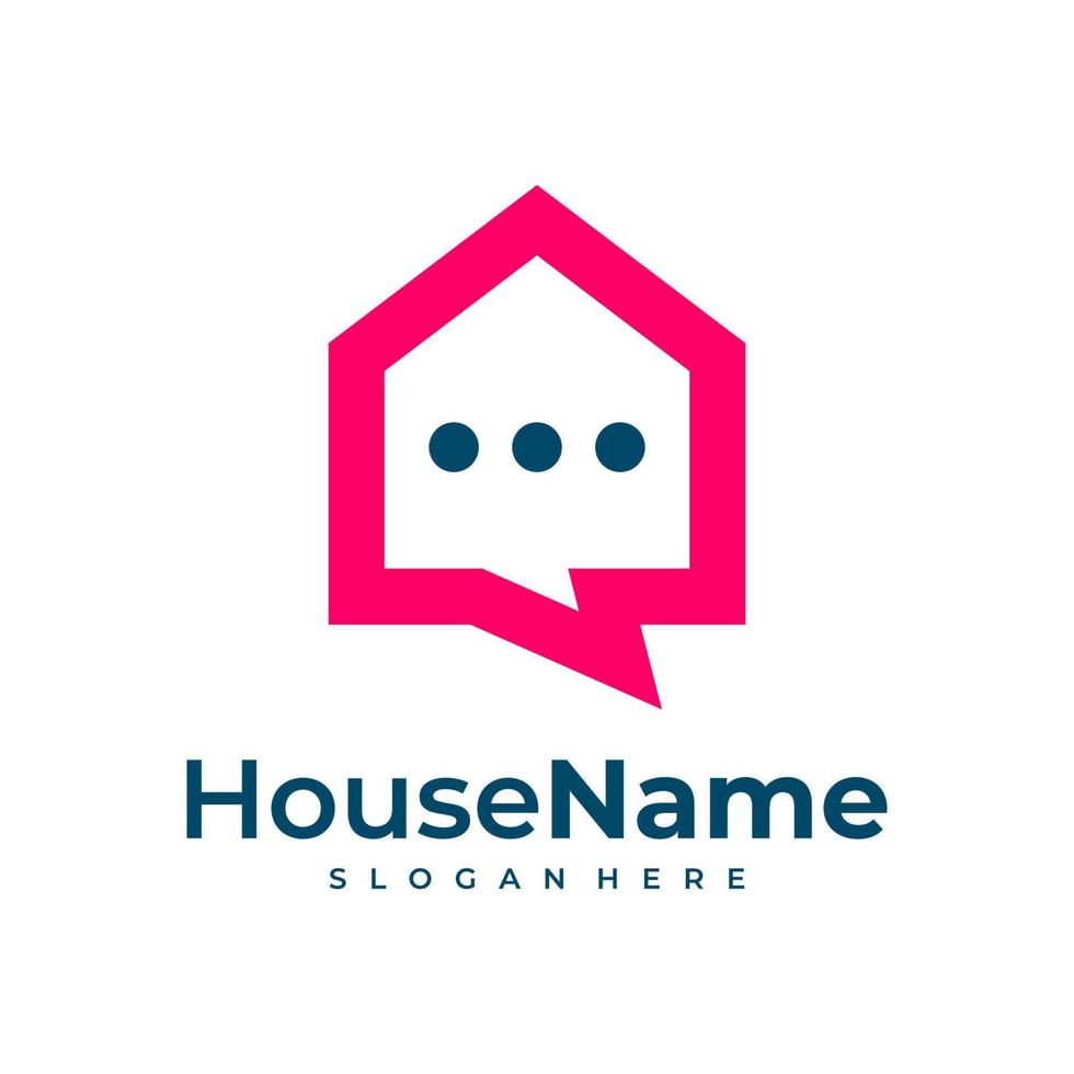 logo home and talk - maison avec cheminée et symbole de chat ou de message. agence immobilière et immobilière, icône de vecteur de discussion, de conversation et de communication.