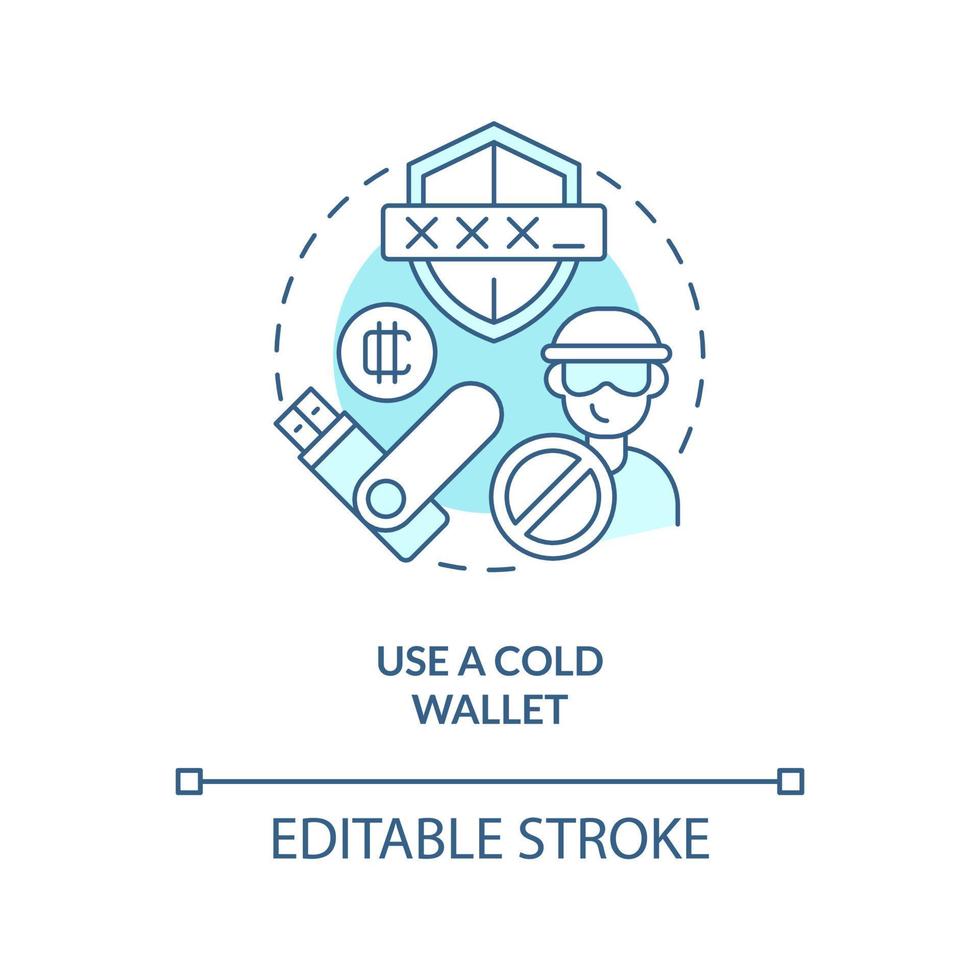 utilisez l'icône de concept turquoise portefeuille froid. matériel pour commerçant. illustration de ligne mince d'idée abstraite de sécurité de crypto-monnaie. dessin de contour isolé. trait modifiable. vecteur