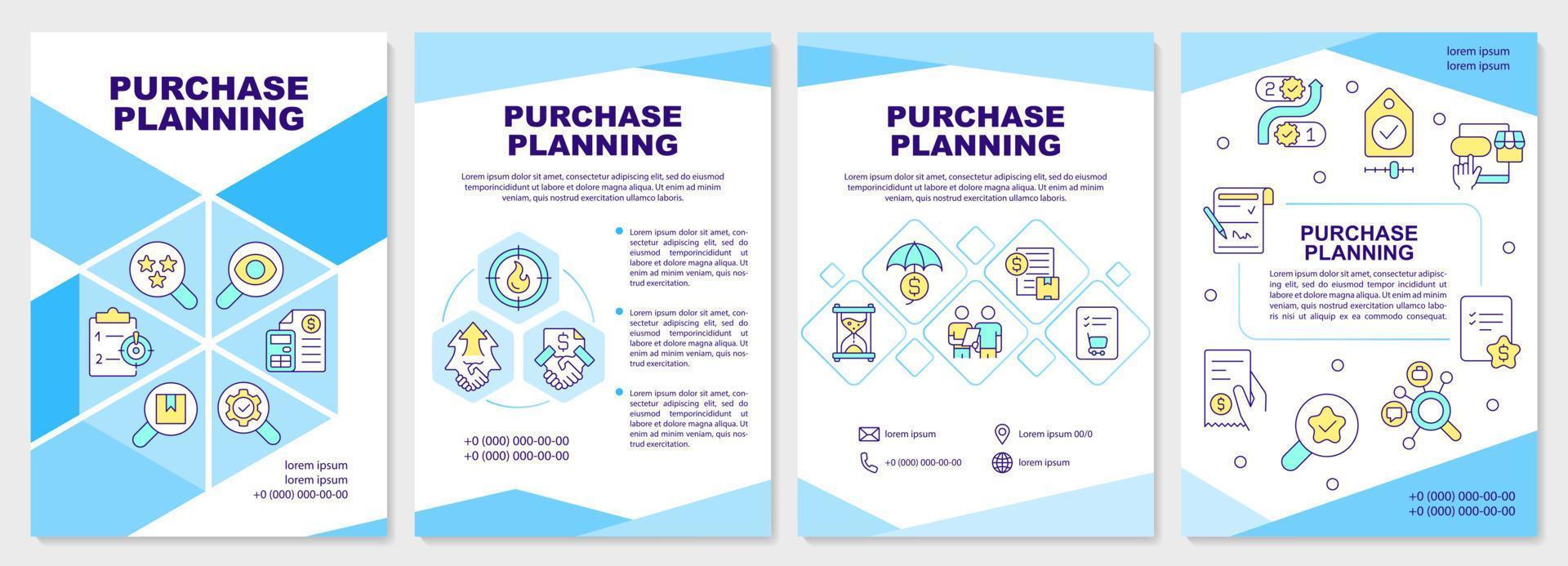 modèle de brochure bleue de planification d'achat. gestion de l'inventaire. conception de dépliant avec des icônes linéaires. 4 mises en page vectorielles modifiables pour la présentation, les rapports annuels. vecteur