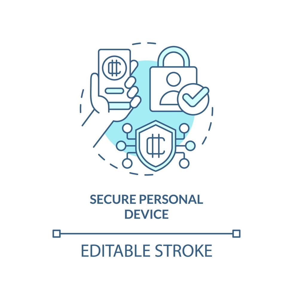 icône de concept turquoise de périphérique personnel sécurisé. antivirus. illustration de la ligne mince de l'idée abstraite de la sécurité du portefeuille crypto. dessin de contour isolé. trait modifiable. vecteur