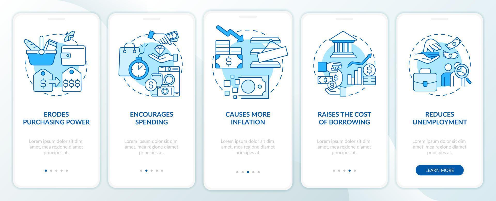 effets de l'écran de l'application mobile d'intégration bleu inflation. instructions graphiques modifiables en 5 étapes avec des concepts linéaires. ui, ux, modèle d'interface graphique. vecteur