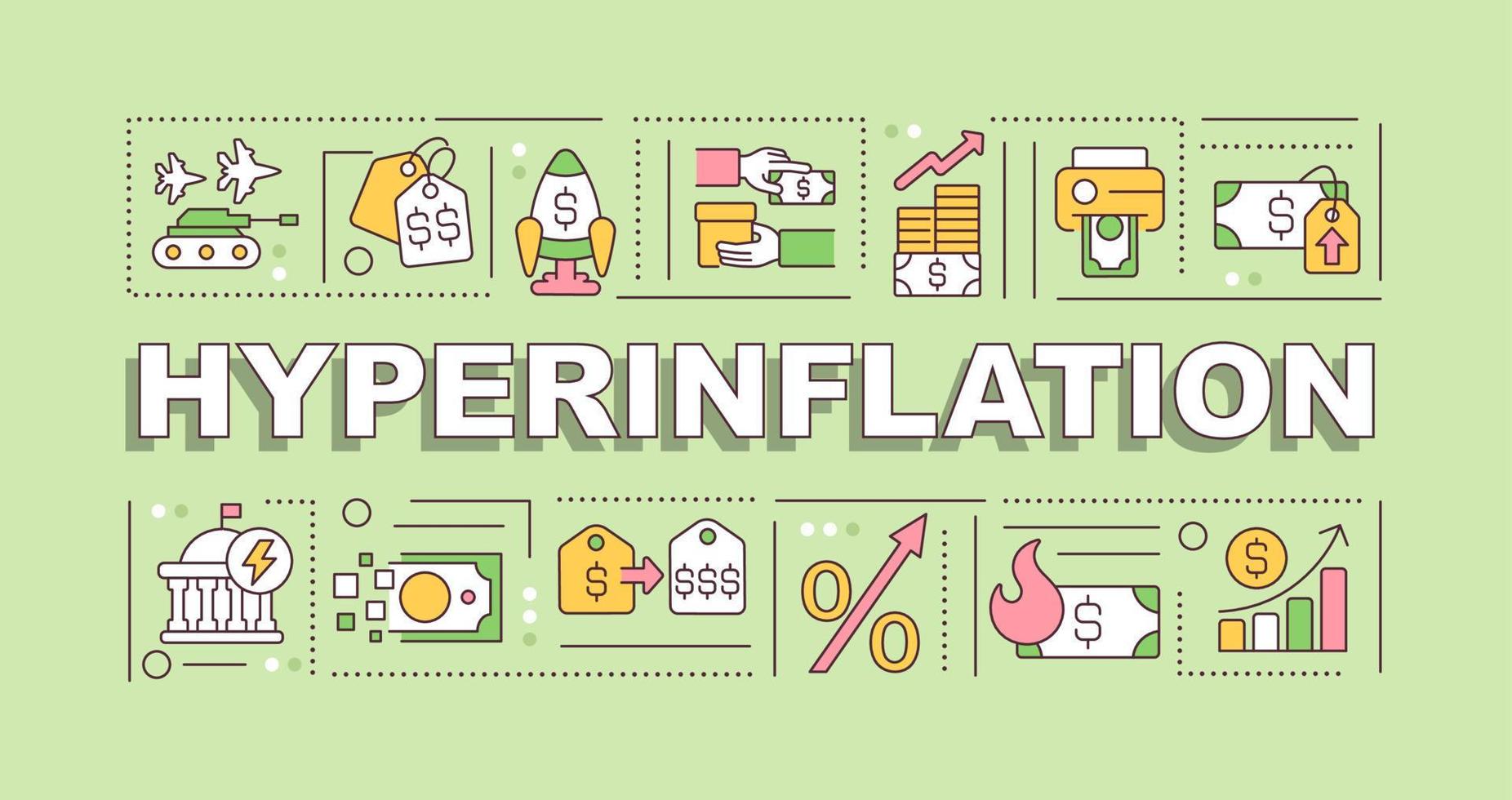 Concepts de mots d'hyperinflation bannière bleue. tourmente économique. infographie avec des icônes modifiables sur fond de couleur. typographie isolée. illustration vectorielle avec texte. vecteur