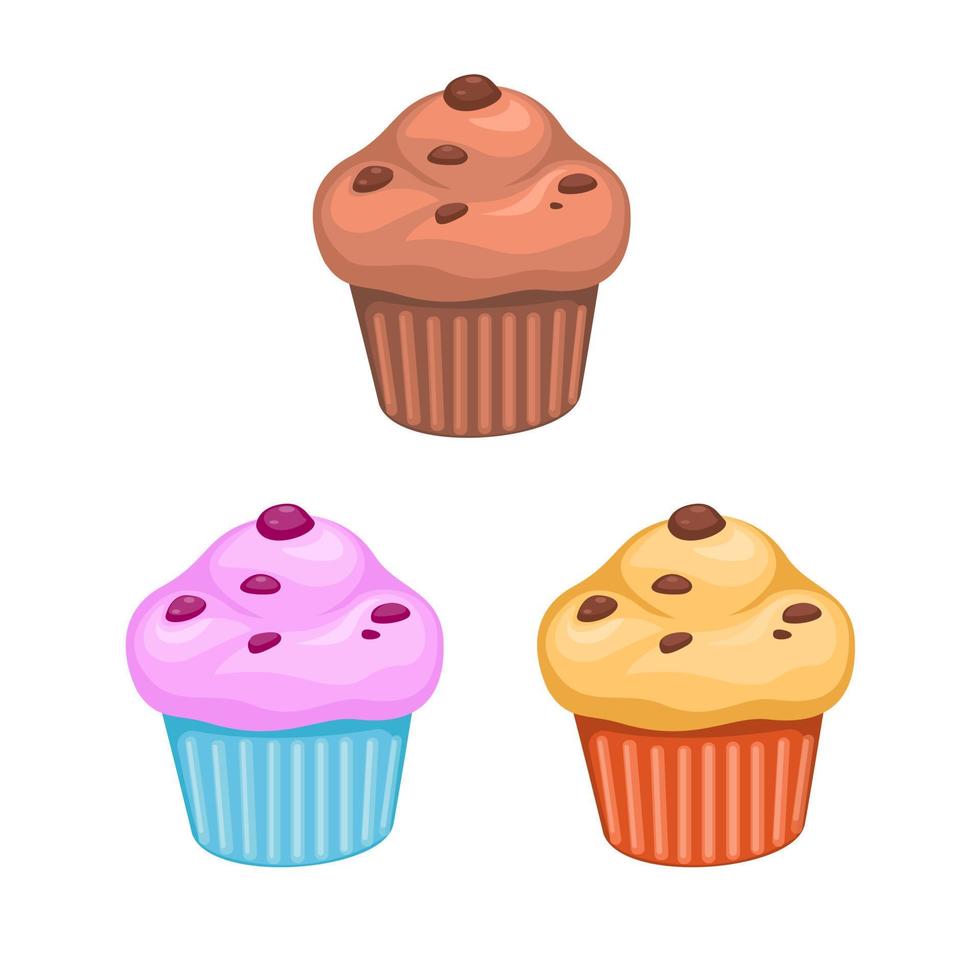 cupcake muffin aux pépites de chocolat. collation dessert cookie collection set illustration set vector