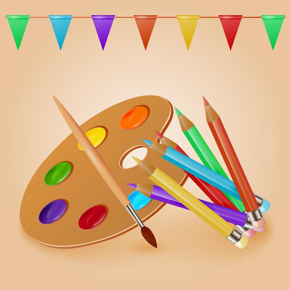 outils de dessin réalistes colorés palette aquarelle avec pinceau et crayons de couleur. crayon, palette, pinceau. illustration vectorielle. vecteur
