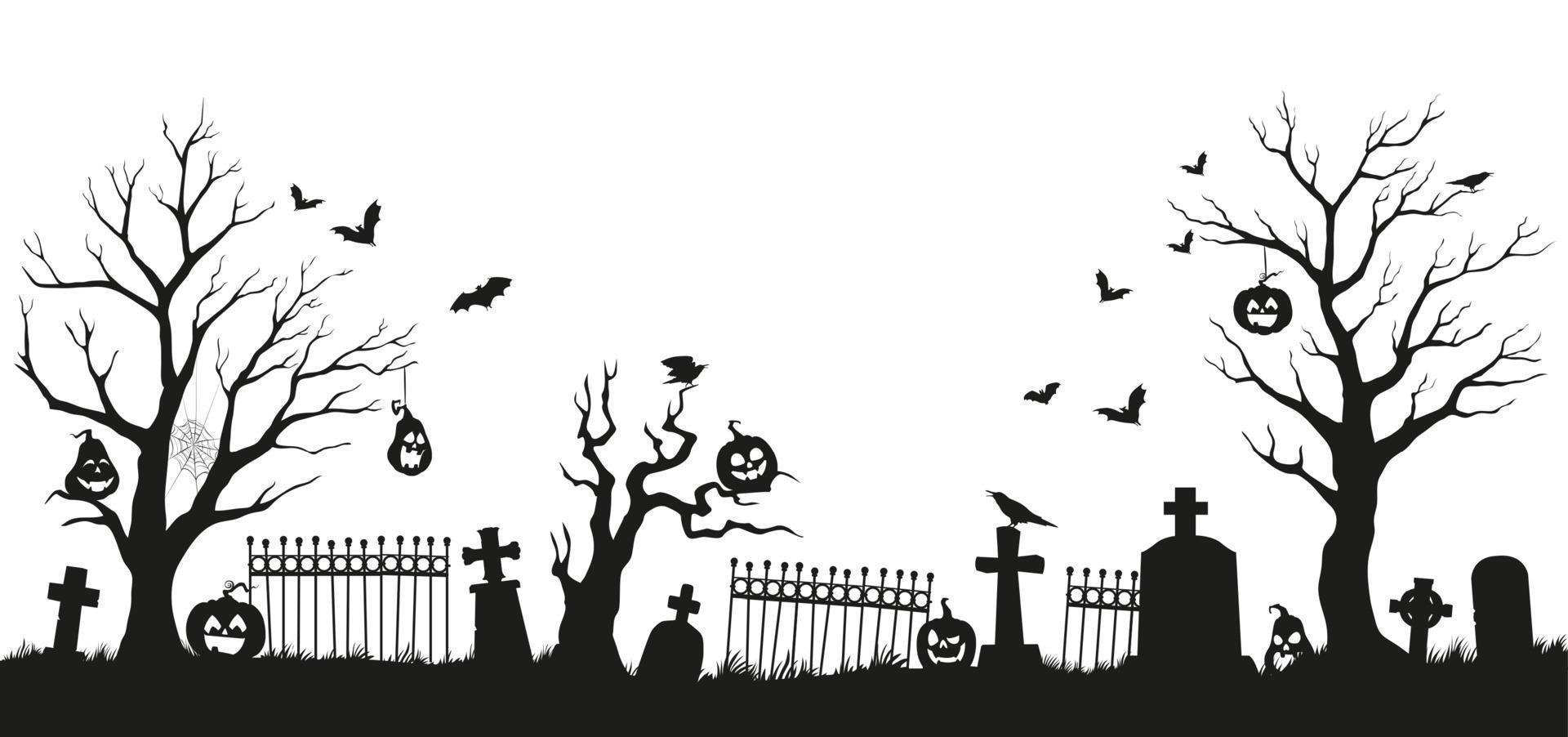 silhouette de cimetière d'halloween avec citrouille, arbres vecteur