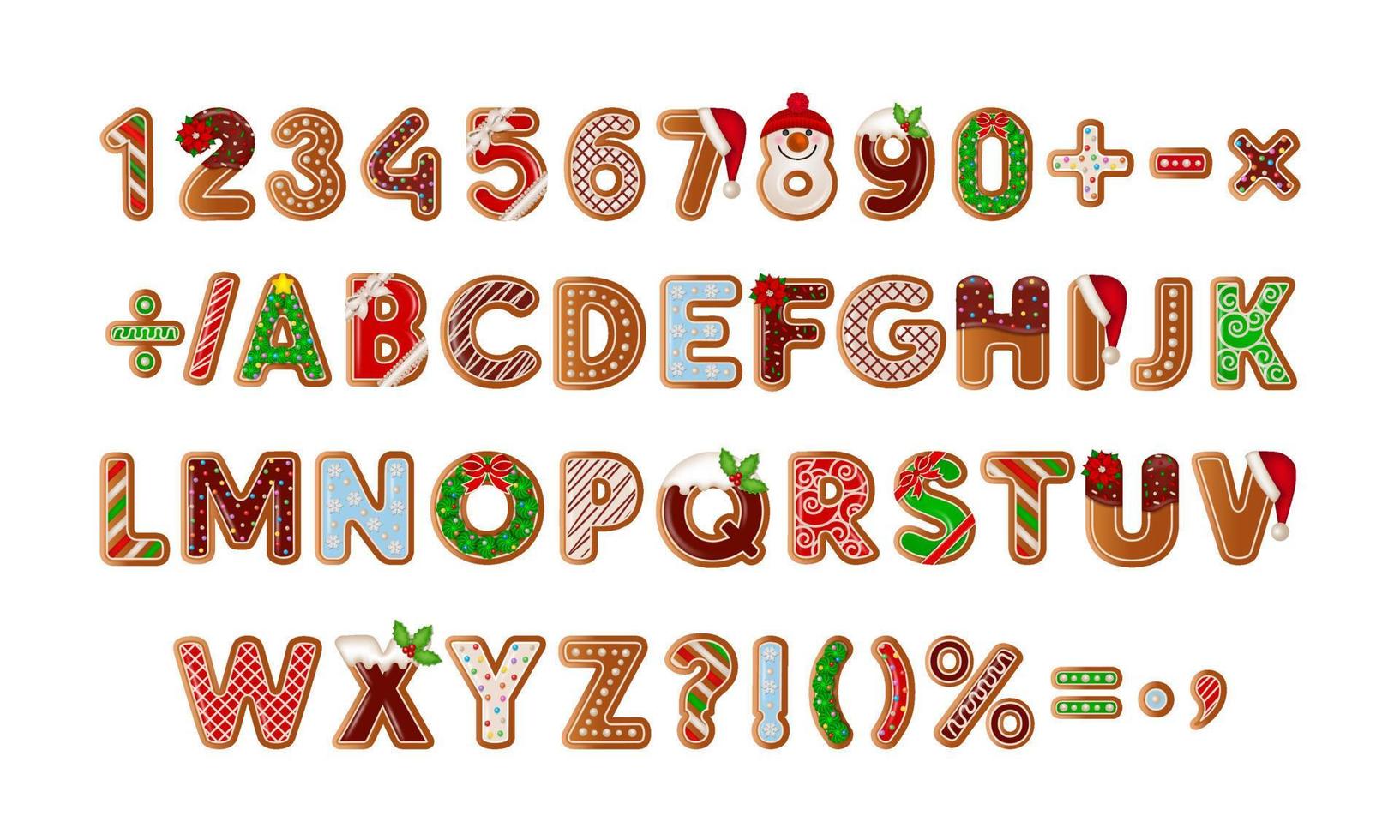 alphabet et chiffres en pain d'épice. ensemble de biscuits de pain d'épice isolés. bonbons de noël. vecteur